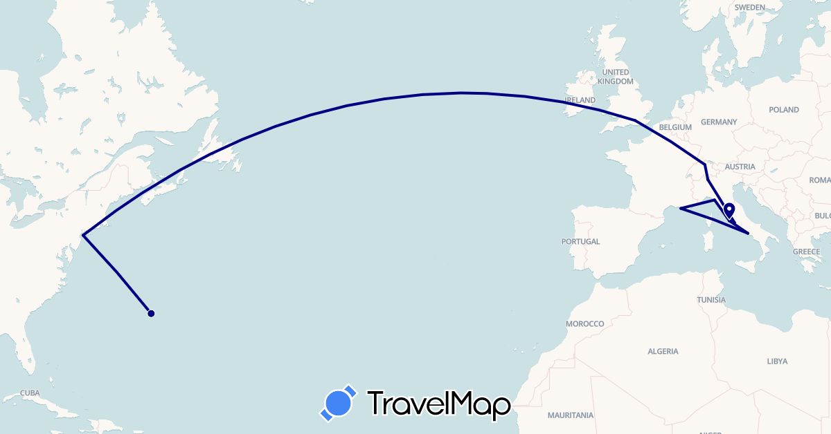 TravelMap itinerary: driving in Bermuda, Switzerland, France, United Kingdom, Italy, United States (Europe, North America)